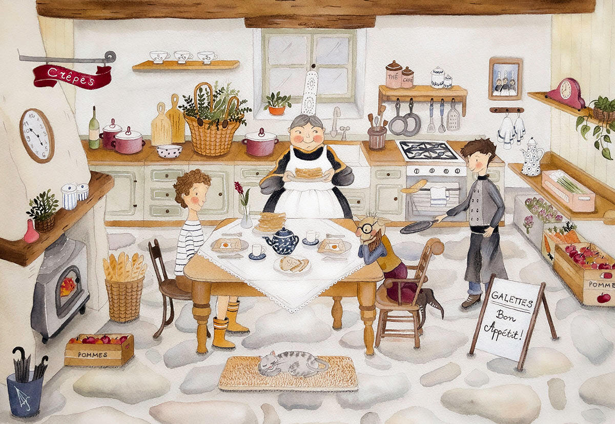Watercolor illustration of Malo and Kélian eating French crêpes.
