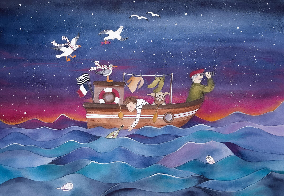 "Le Chapeau Perdu" Malo and Kélian sailing wih the fisherman.