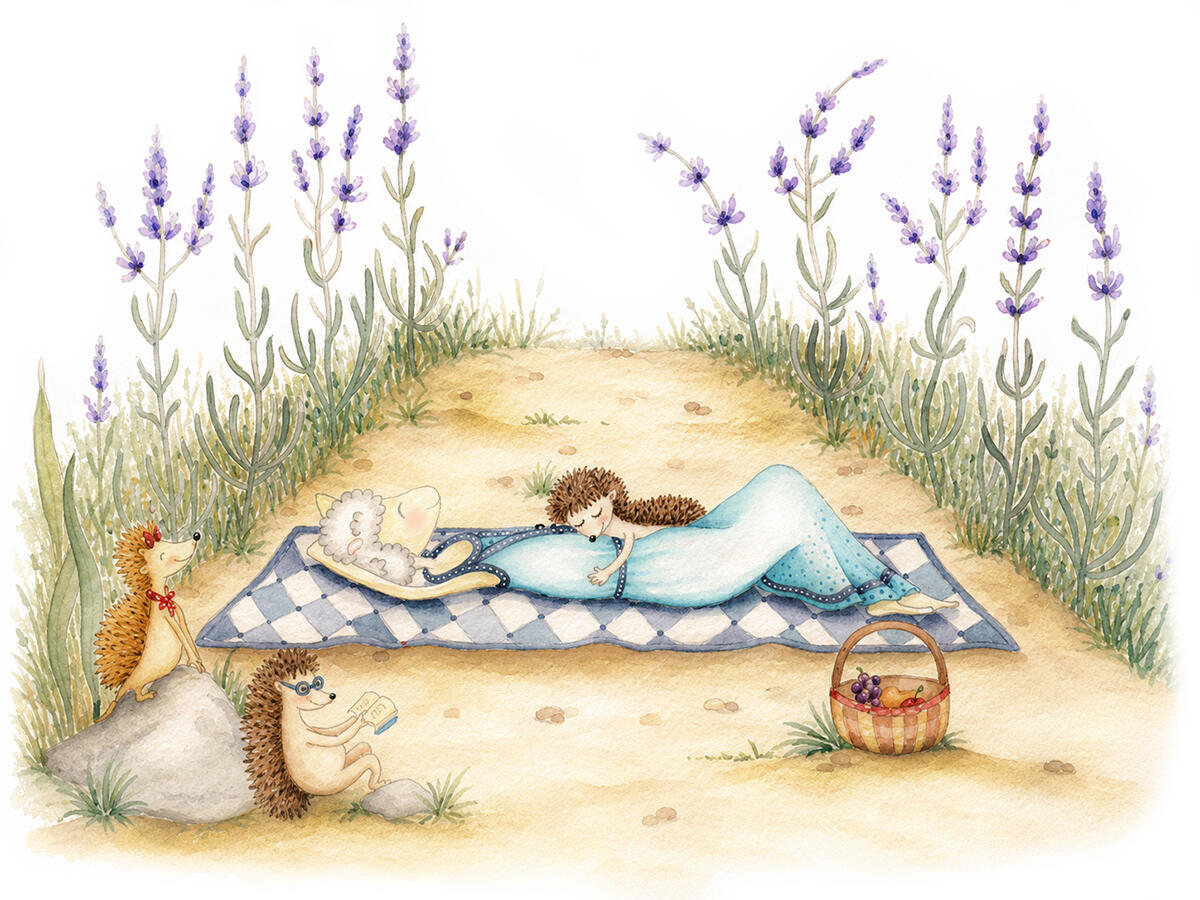 Picture book illustration of Woolly napping in a lavender field.