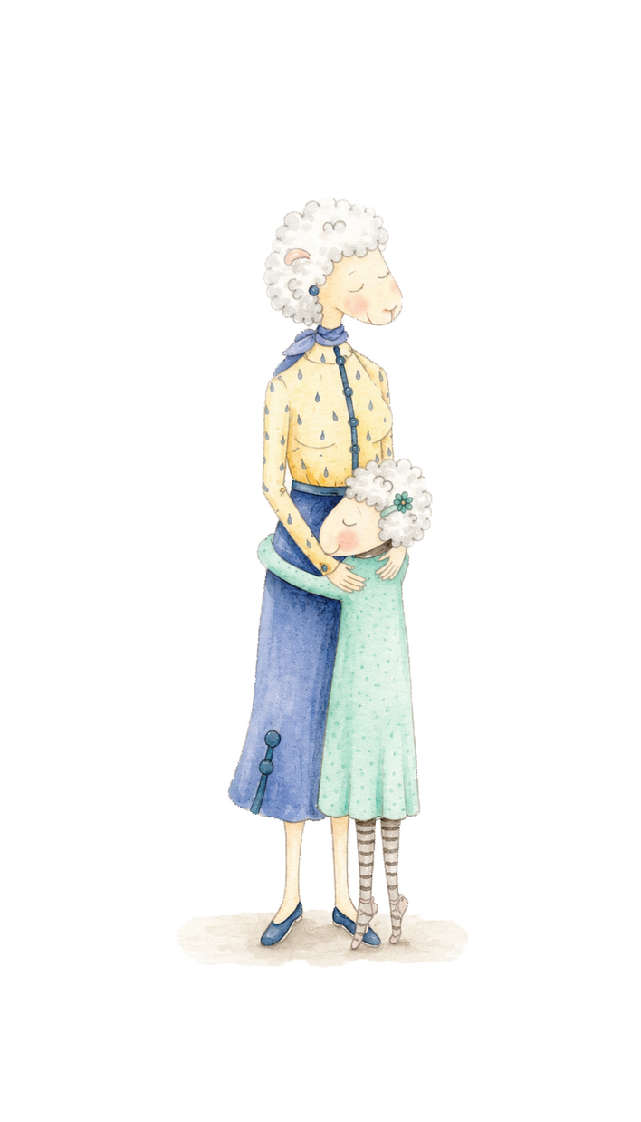 "Woolly" Wolly and Mom hugging.